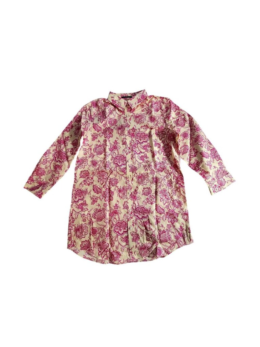 Lands End Womens No Iron Supima Shirt *6T* Floral Print Pink & White Long Sleeve